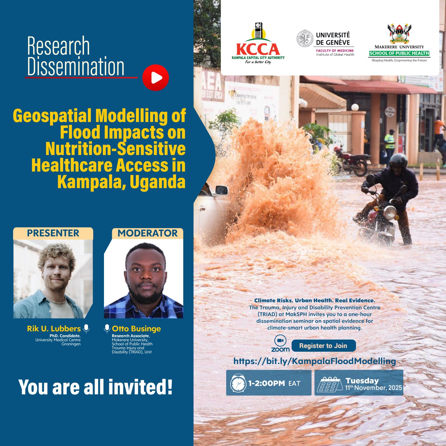 Research dissemination poster for an online seminar on geospatial modelling of flood impacts on nutrition-sensitive healthcare access in Kampala, Uganda